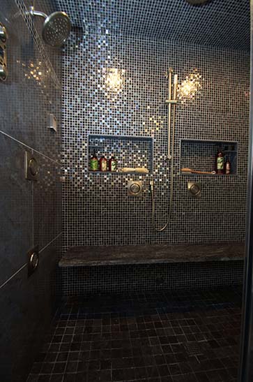 glass, mosaic tiled steam shower